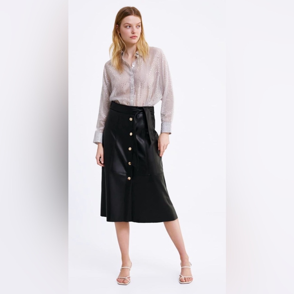 Zara Black vegan Leather Midi Skirt fall minimalist corpcore classic career L